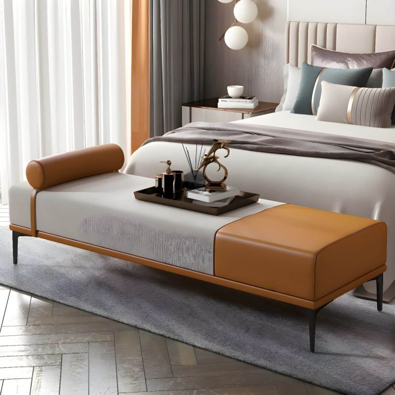 "Modern Fabric and Leather Seating Bench with One Side Arm for Bedroom - Khaki"