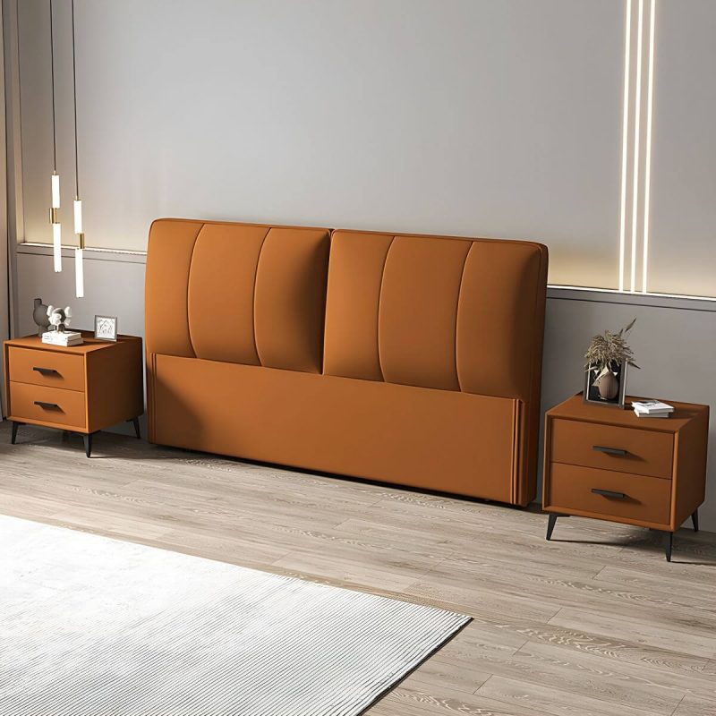 "Light Wood Upholstered Panel Modern Headboard with Orange Leather Upholstery and Solid Wood Legs - 71""