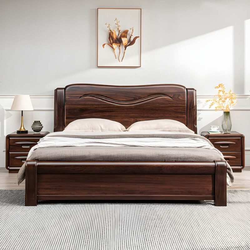 "Solid Wood Walnut Standard Bed Lift Up Storage Bed Frame with Footboard - Full Panel"