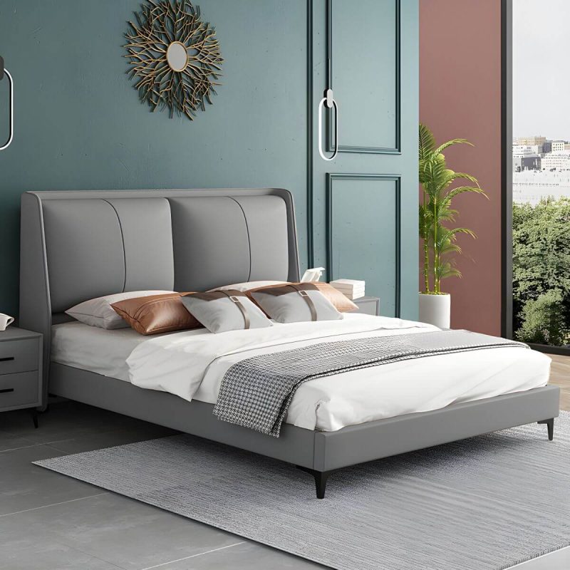 "Grey Upholstered Wingback Headboard with Wood Legs and Modern Design - 71""