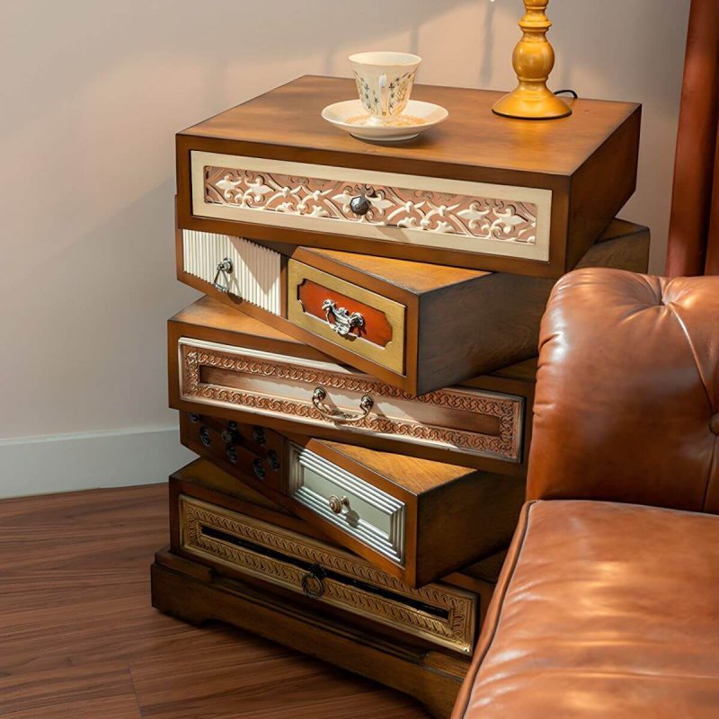"Distressed Brown Wood Nightstand with 5 Drawers and Unique Rustic Design - 2 Piece Set"