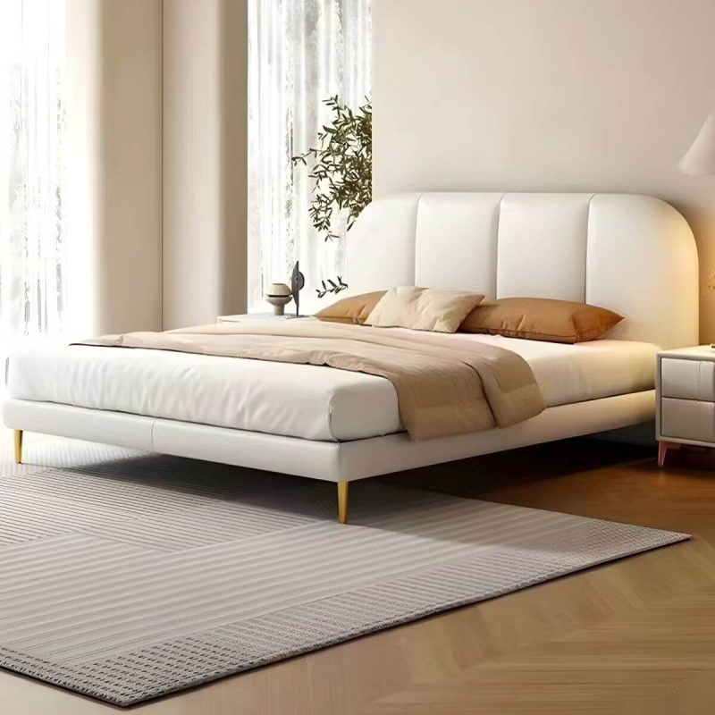 "Panel Leather Modern Wood and Upholstered Bed Frame with Headboard - 53""