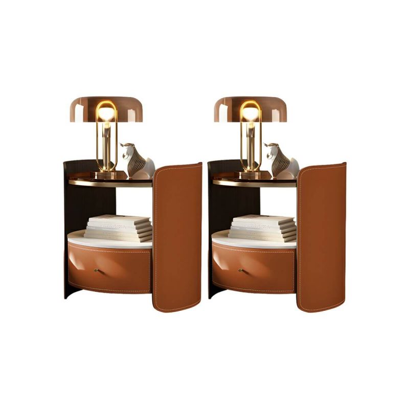 "Modern Wood Nightstand with Open Storage and Single Drawer in Small Size - Dark Orange 2 Piece Set"