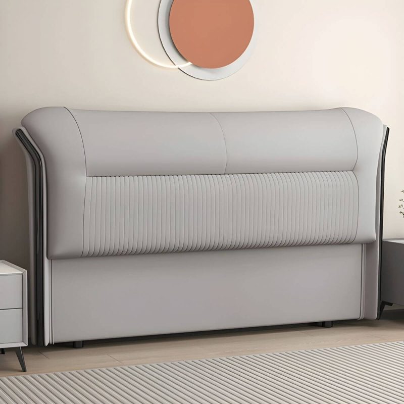 "Elegant Modern Wingback Upholstered Headboard with Wood Legs - 79" Genuine Leather Light Gray"