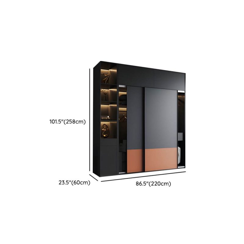 "Dimension of Coal Art Deco Wardrobe Engineered Wood with Soft Close Drawer, Soft Close Door & Hanging Rod - Armoire & Side Cabinet & Top Cabinet 87"L x 24"W x 102"H"