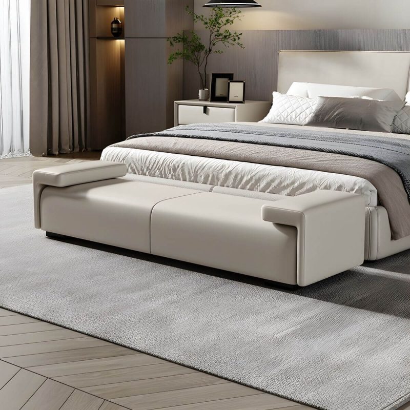 "Modern Solid Color Leather Upholstered Bedroom Bench with Arms - 59.1"L x 17.7"W x 21.7"H Off-White Backless"