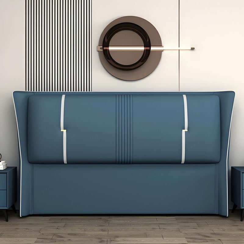 "Luxury Upholstered Wingback Headboard with Modern Wood Legs and Standard height - Dark Blue-White 71""
