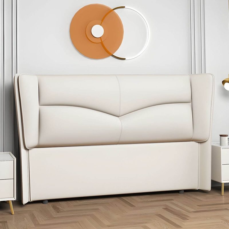 "Modern Rectangular Wingback Headboard Bed with Leather Upholstery and Solid Wood Frame - Off-White 59""