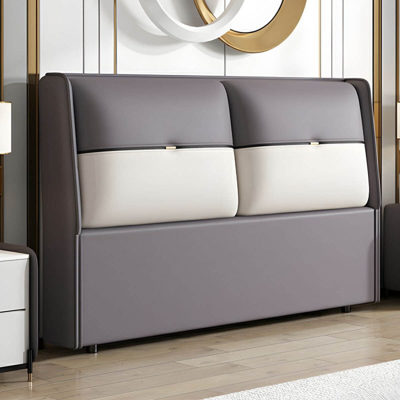 "Modern Upholstered Wingback Headboard in Leather with Wood Legs for Stylish Comfort - Dark Gray-White 71""