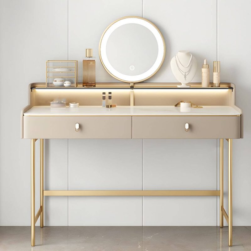 "Contemporary Standard Dressing Table Chalk Alloy with Light Up, Makeup Vanity & Mirror, 39"L x 18"W x 35"H"