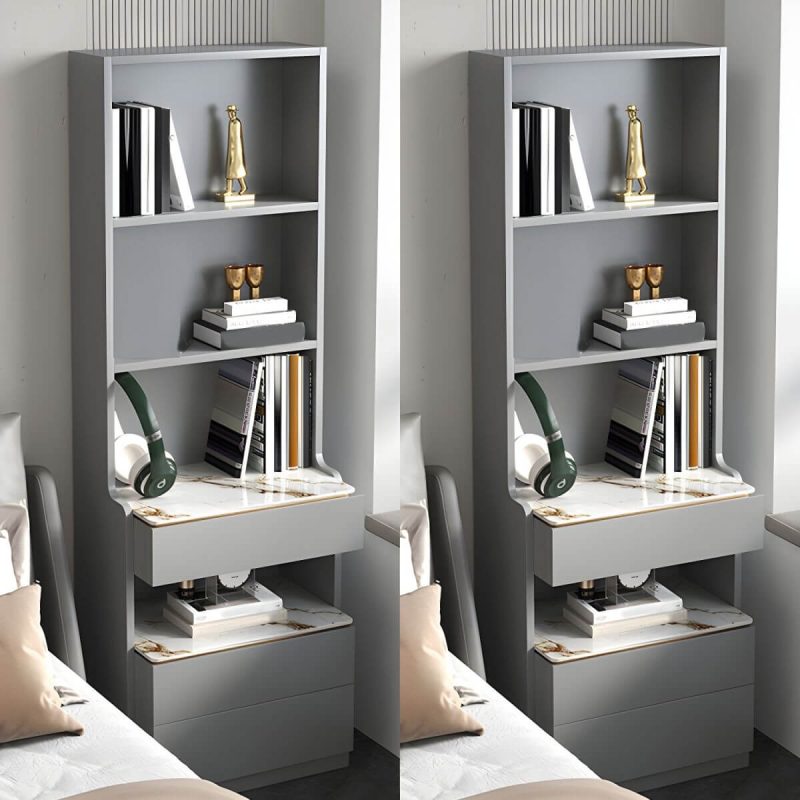 "Modern Grey Wood Nightstand with 3 Drawers in Gray Wood Tone - Without Light 2 Piece Set With Backboard 60 x 40 x 180 cm"