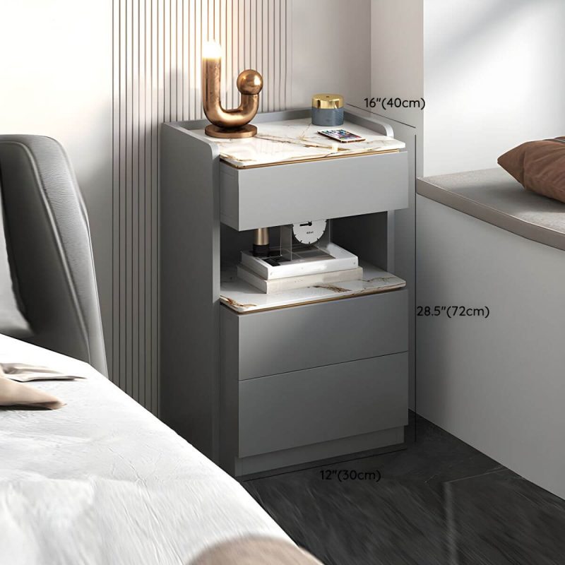 "Dimension of Modern Grey Wood Nightstand with 3 Drawers in Gray Wood Tone - Without Light 1 Piece With Backboard 30 x 40 x 72 cm"