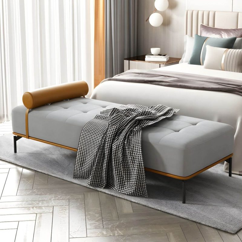 "Tufted Upholstered Modern Bedroom Bench with Rolled Pillow and Wood Frame - Light Gray"