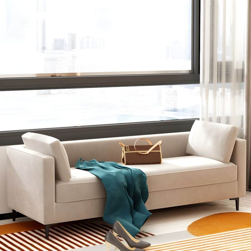 "With Arms White Upholstered Modern Bedroom Bench with Short Height and Back - 59"L x 20"W x 20"H"