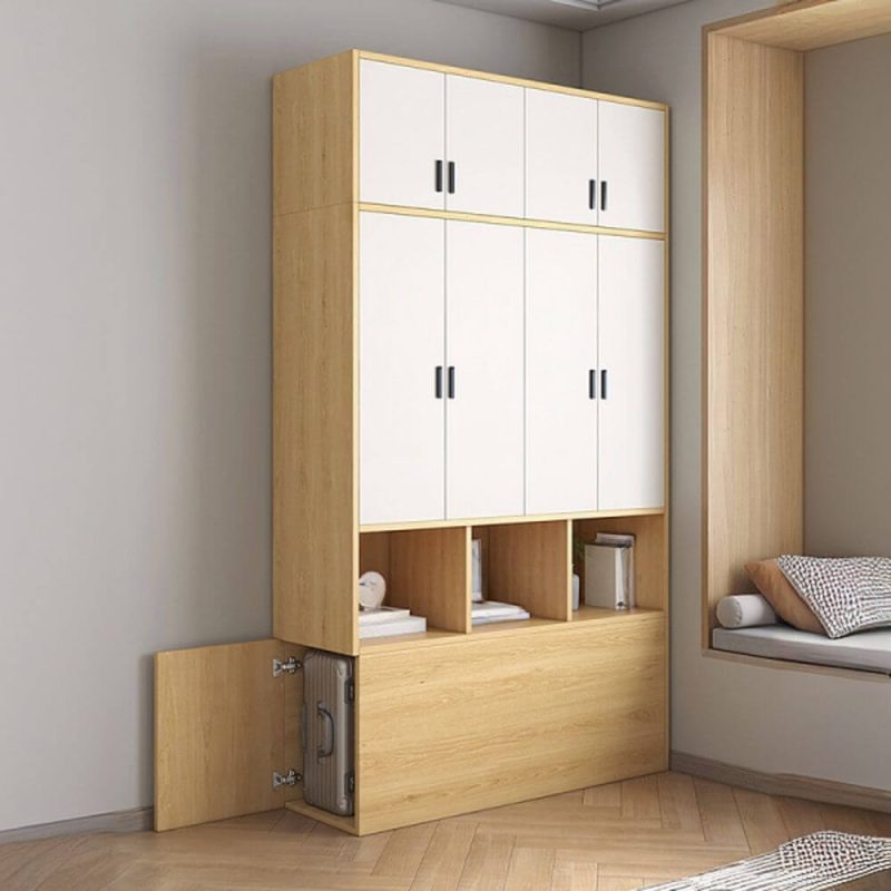 "Natural Finish Art Deco Composite Wood Wardrobe Armoire with Soft Close Door, Interior Shelves, and Clothing Rod, 47.2"L x 15.7"W x 82.7"H, Sliding Door"