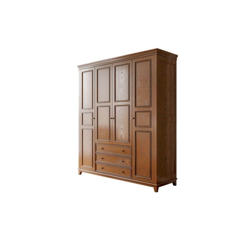 "Taupe Art Deco Ash Wood Wardrobe Armoire with 3 Drawers, Interior Shelves, and Clothing Rod, 75"L x 25"W x 86"H"