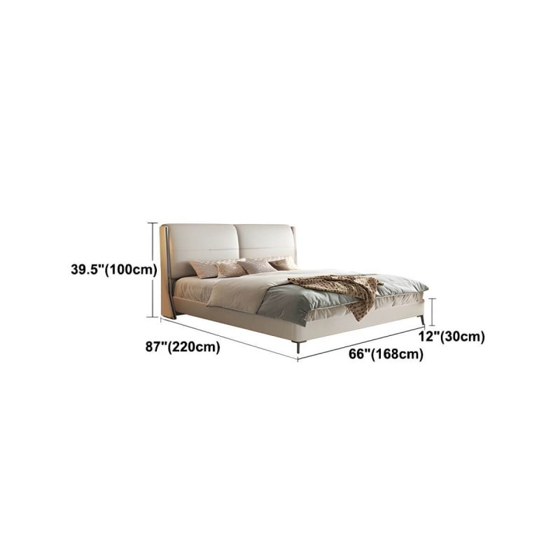 "Dimension of Modern Wood Panel Bed Beige Genuine Leather Standard Bed with Upholstered Headboard - Queen Single Bed Unavailable"