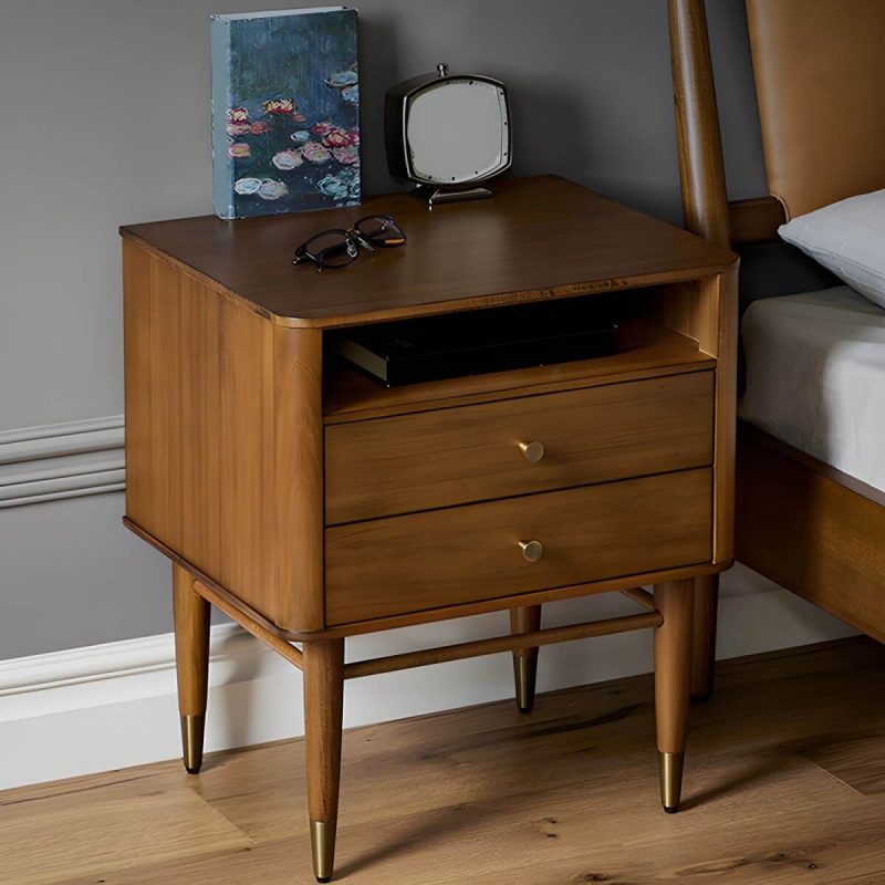 "Mid-Century Modern Wood Nightstand with Drawer Storage and 2 Drawers - 2 Piece Set Walnut"