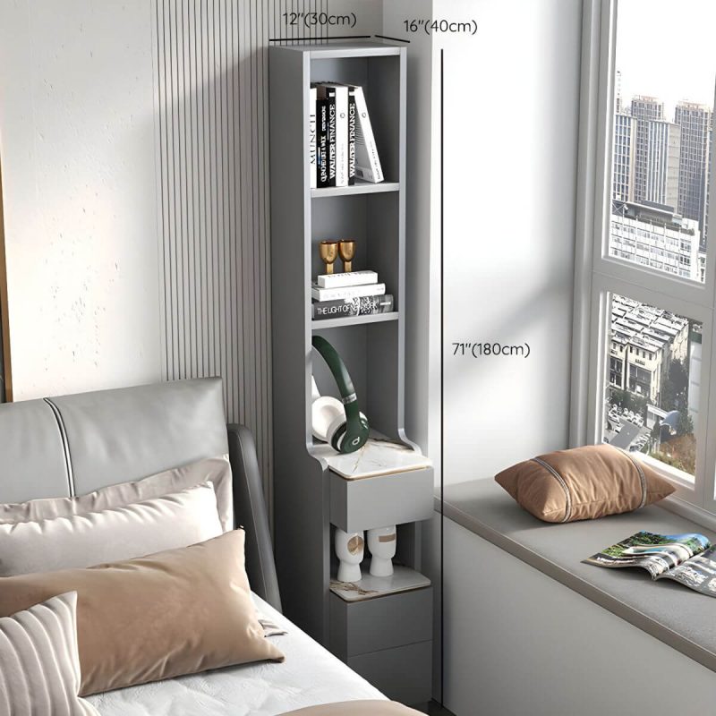 "Dimension of Modern Grey Wood Nightstand with 3 Drawers in Gray Wood Tone - Without Light 1 Piece With Backboard 30 x 40 x 180 cm"