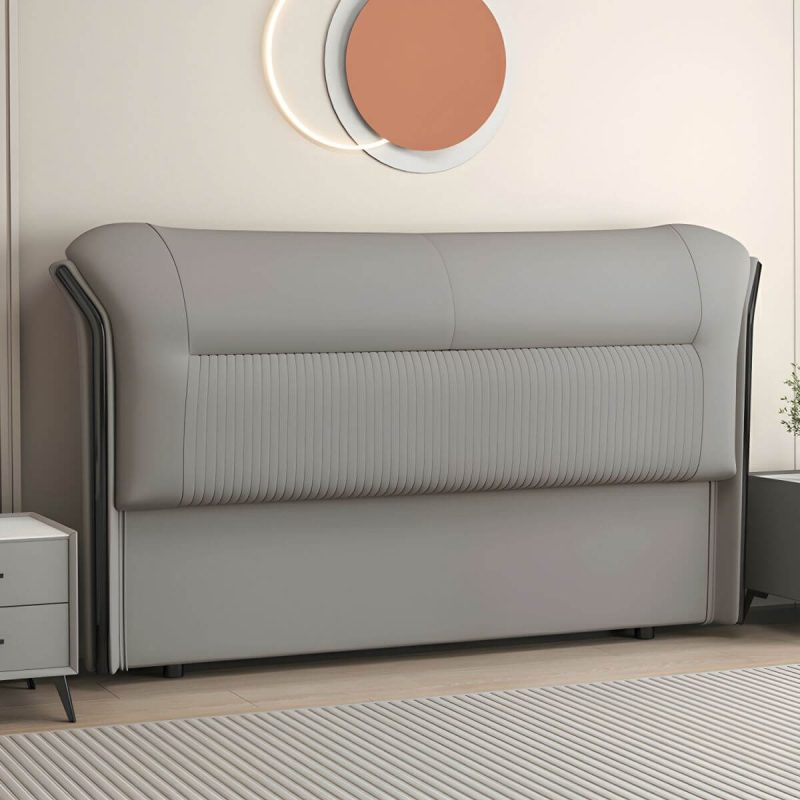 "Elegant Modern Wingback Upholstered Headboard with Wood Legs - 59" Genuine Leather Dark Gray"