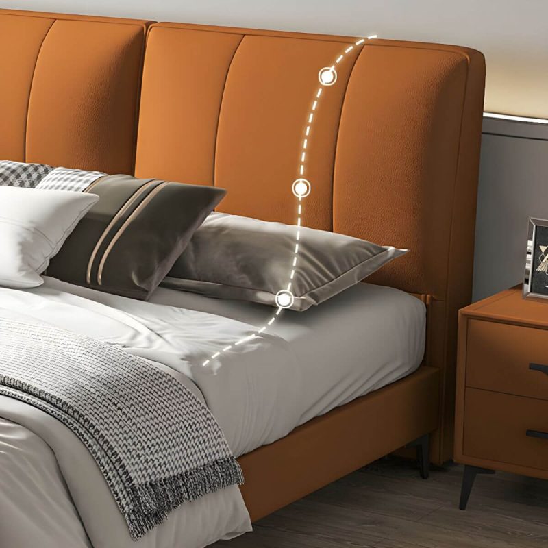 "Light Wood Upholstered Panel Modern Headboard with Orange Leather Upholstery and Solid Wood Legs - 71""