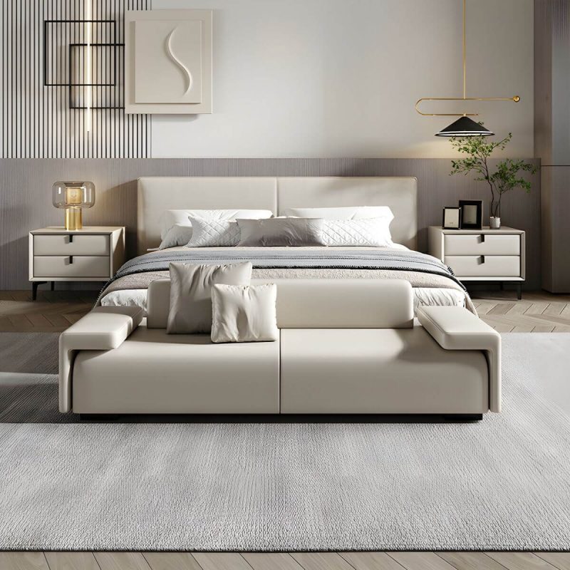 "Modern Solid Color Leather Upholstered Bedroom Bench with Arms - 71"L x 18"W x 22"H Off-White With Back"