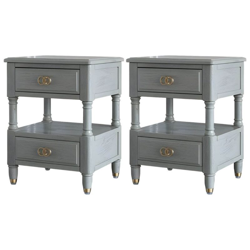 "Grey Ash Wood Nightstand with 2 Drawers, 1 Shelf & Light Wood Tone - Grey 2 Piece Set"