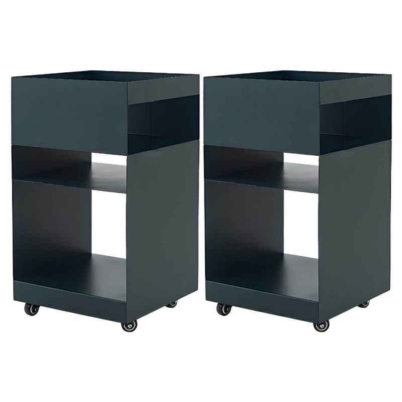 "Modern Metal Nightstand with Open Storage and 4 Shelves in Steel Decor - Blackish Green 2 Piece Set"