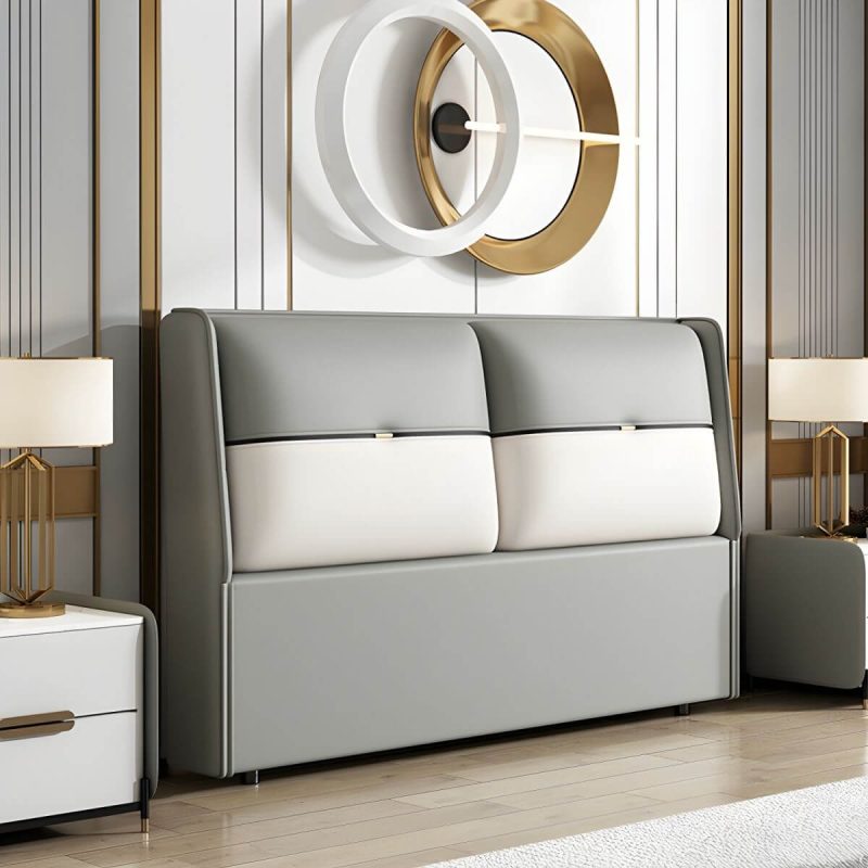"Modern Upholstered Wingback Headboard in Leather with Wood Legs for Stylish Comfort - Dark Gray/ Blue 59""