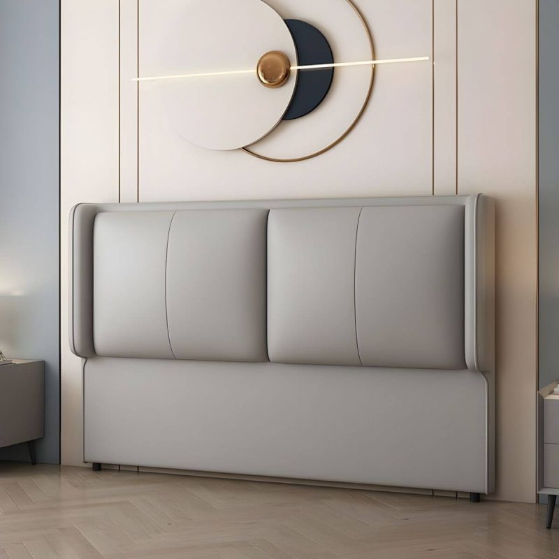 "Modern Upholstered Pine Wingback Headboard with Leather Upholstery and Wood Legs - Light Gray 79""
