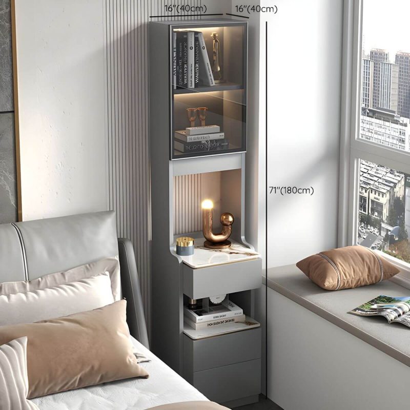 "Dimension of Modern Grey Wood Nightstand with 3 Drawers in Gray Wood Tone - With Light 1 Piece Without Backboard 40 x 40 x 180 cm"
