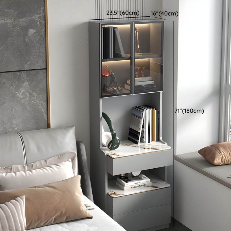 "Dimension of Modern Grey Wood Nightstand with 3 Drawers in Gray Wood Tone - With Light 1 Piece With Backboard 60 x 40 x 180 cm"