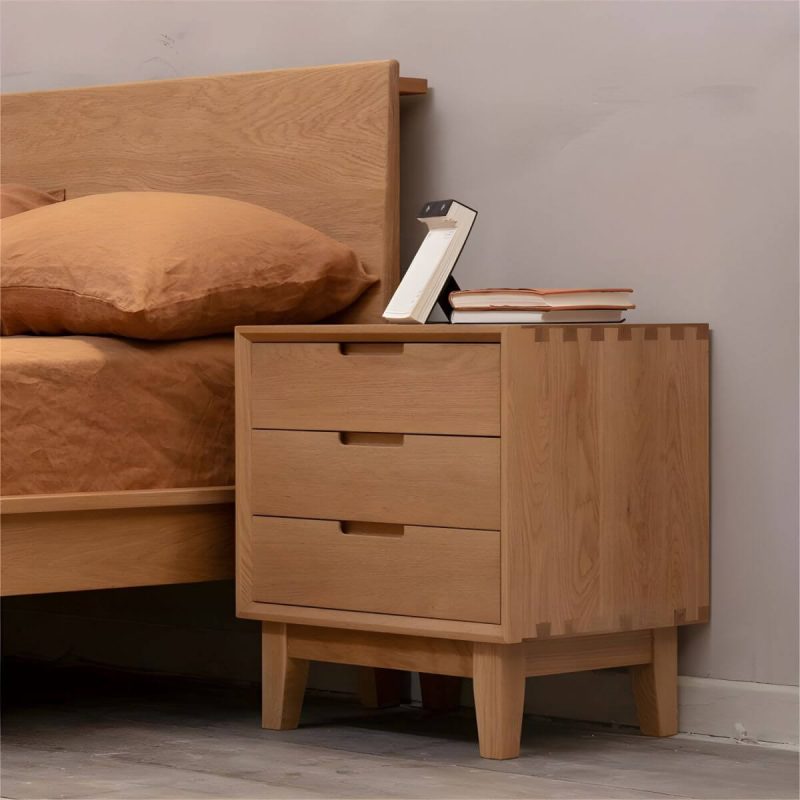 "Scandinavian Style Small Wood Nightstand with Three Lock Free Drawers - 1 Piece Cherry Wood"
