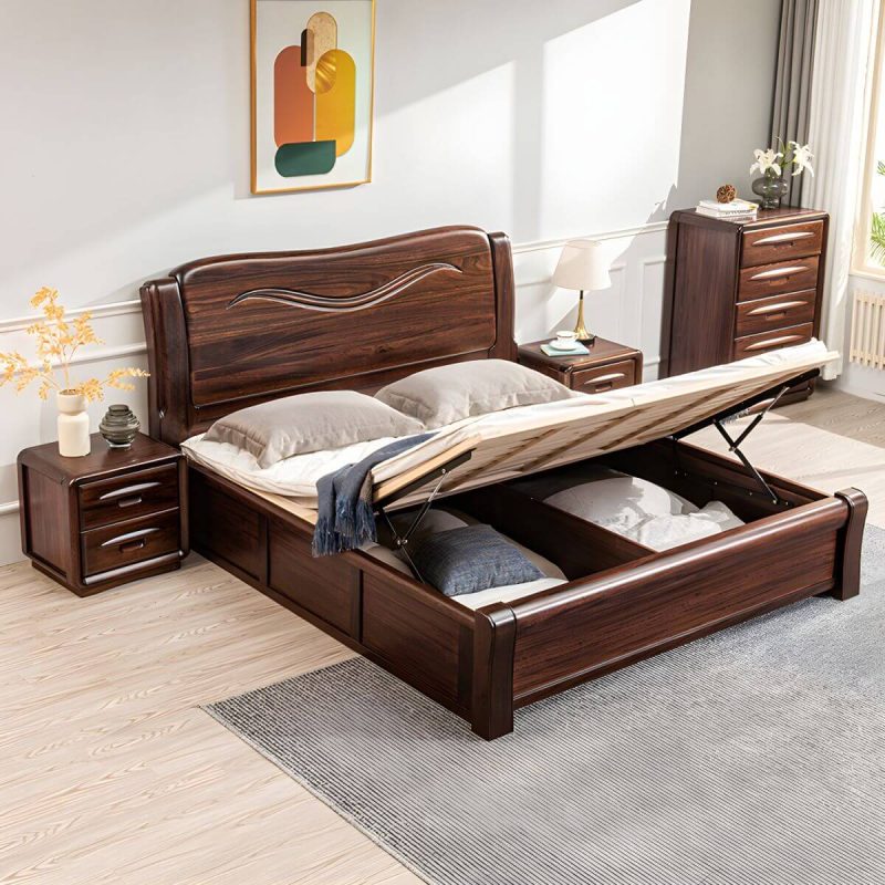 "Solid Wood Walnut Standard Bed Lift Up Storage Bed Frame with Footboard - Full Lift Up Storage"