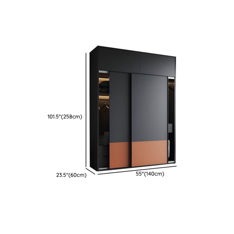 "Dimension of Coal Art Deco Wardrobe Engineered Wood with Soft Close Drawer, Soft Close Door & Hanging Rod - Armoire with Top Cabinet 55"L x 24"W x 102"H"