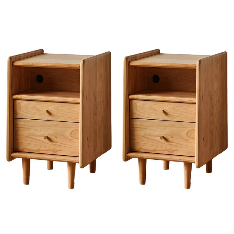 "Compact Scandinavia Nightstand with Drawers and Open Storage in Brown Wood - 2 Piece Set 35 x 40 x 55 cm"