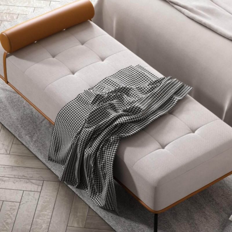 "Tufted Upholstered Modern Bedroom Bench with Rolled Pillow and Wood Frame - Yellow"
