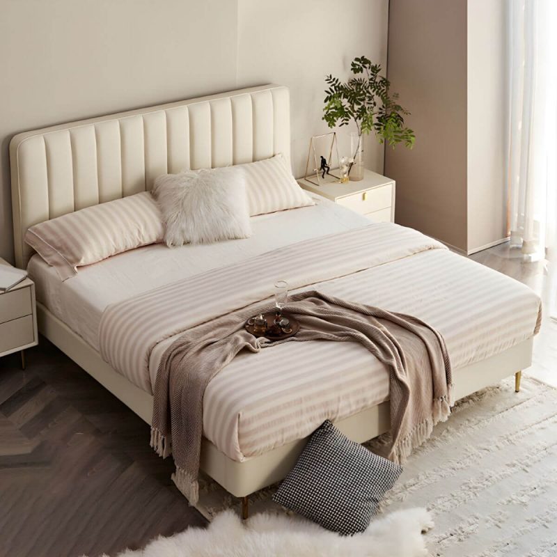 "Glam Beige Bed Frame Upholstered Headboard Standard Bed Rectangular - Full"