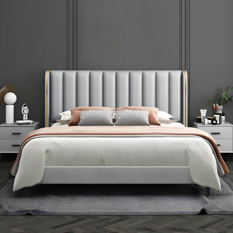"Modern Leather and Solid Wood Bed Headboard Panel Freestanding - 59" Grey"