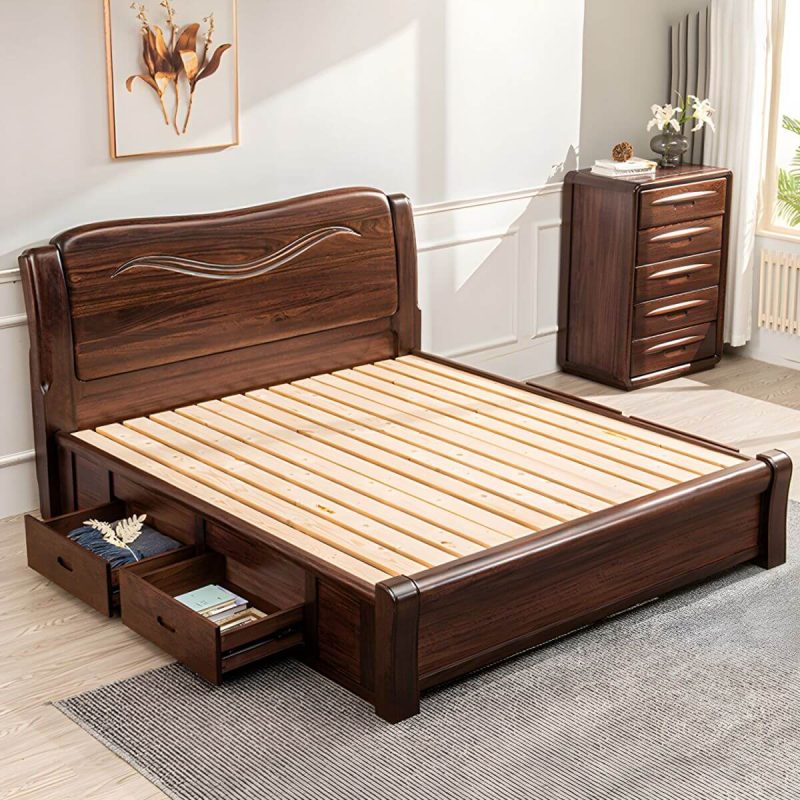 "Solid Wood Walnut Standard Bed Lift Up Storage Bed Frame with Footboard - Full Pull-Out Storage"