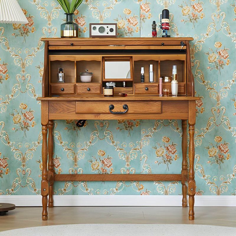"Solid Wood Traditional Style Dressing Table Dustproof with Partition and Drawer - Natural Finish 26"L x 24"W x 44"H"
