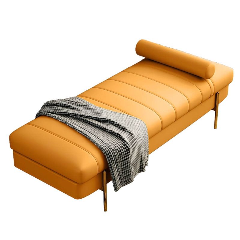 "Glam Leather Entryway and Bedroom Bench with Gold Straight Metal Legs - 160 x 50 x 42 cm Orange Genuine Leather"