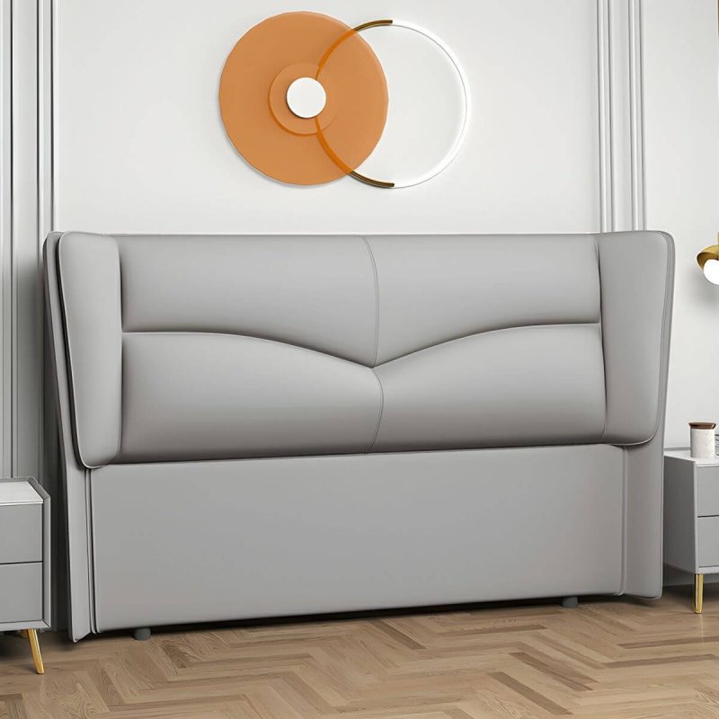 "Modern Rectangular Wingback Headboard Bed with Leather Upholstery and Solid Wood Frame - Light Gray 71""