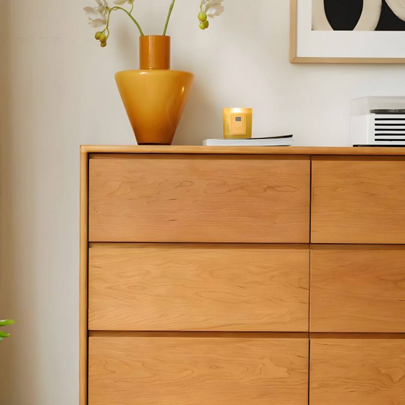 "Cherry Wood Horizontal Chest Modern Brown 6 Drawers Included for Home - Natural Finish"