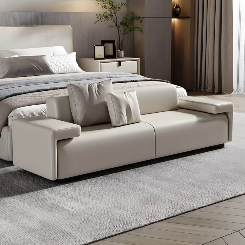 "Modern Solid Color Leather Upholstered Bedroom Bench with Arms - 71"L x 18"W x 22"H Off-White With Back"