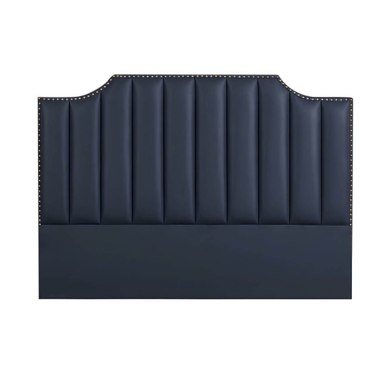 "Glam Stepped Pillow Back Bed Headboard Leather Solid Wood Water Proof - 71" Dark Blue"