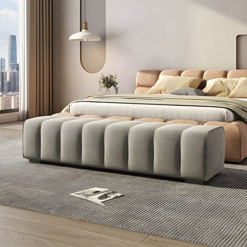 "Tufted Upholstered Modern Bedroom Bench in Solid Color - Short Height - 69"L x 20"W x 16"H Grey"