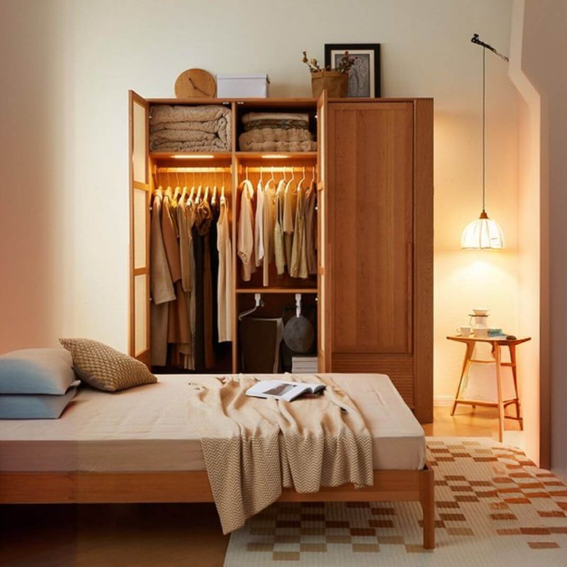 "Wood Grain Modern Simple Style Lumber Wardrobe Armoire with Soft Close Drawer, Soft Close Door, Interior Shelves, and Hanging Rod - 24"L x 24"W x 85"H Left Handle"