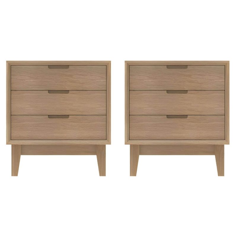 "Scandinavian Style Small Wood Nightstand with Three Lock Free Drawers - Light Wood 2 Piece Set"
