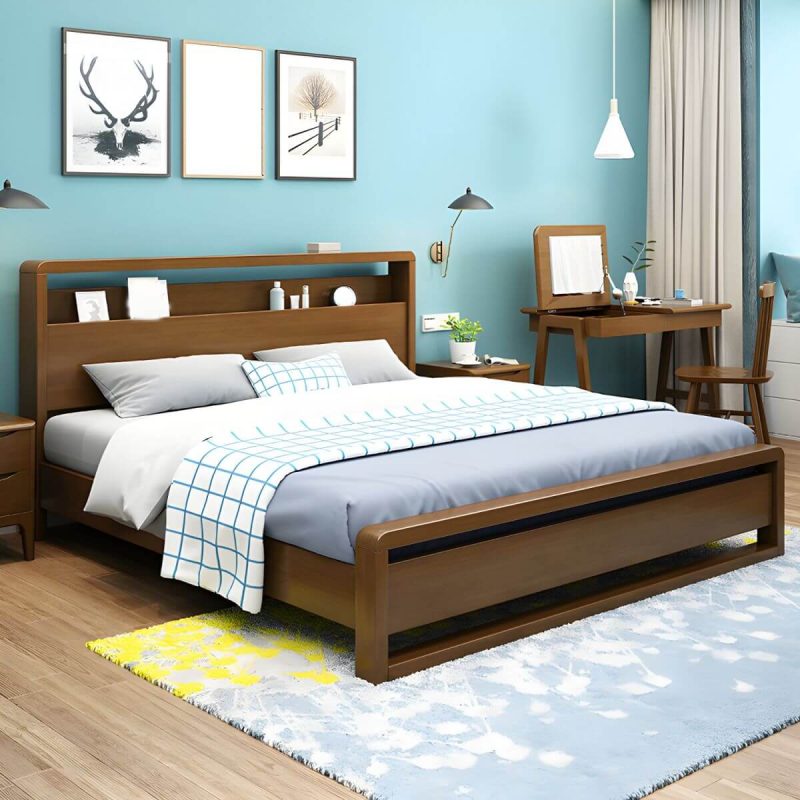 "Contemporary Standard Bed with Shelves and Rectangle Headboard - Walnut Queen"